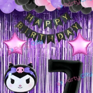Parti Balon Seti 7 Yaş Kuromi Temalı – Doğum Günü Süsleme Seti, Yıldızlı Arka Fonlu Folyo Balonlar